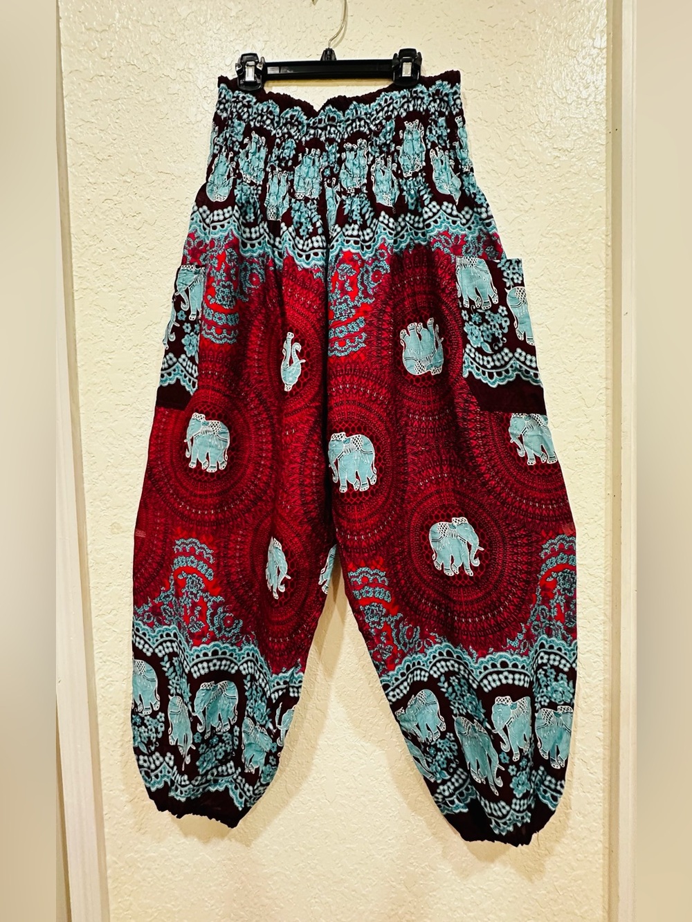 Smocked Waist Red & Teal Elephant Print Harem Pants